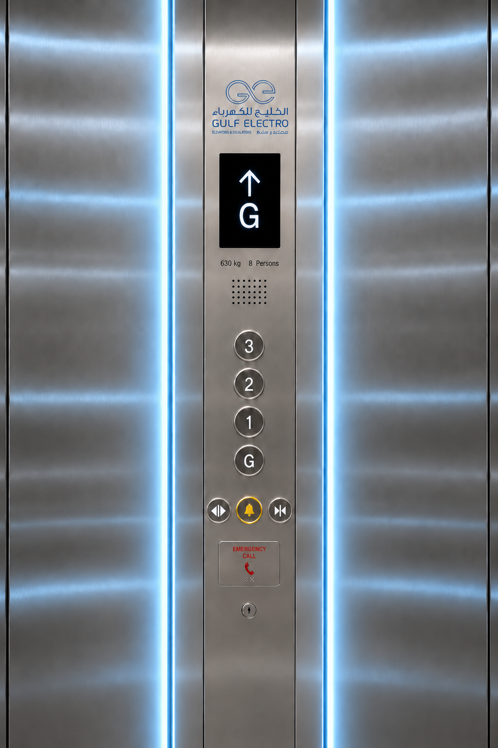 Stainless-steel GULF ELECTRO car operating panel with light-blue lighting and floor buttons G, 1, 2 and 3